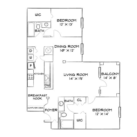 Inviting apartment floor plan showcasing 2 bedrooms, expansive living room, modern kitchen, and a cozy balcony.
