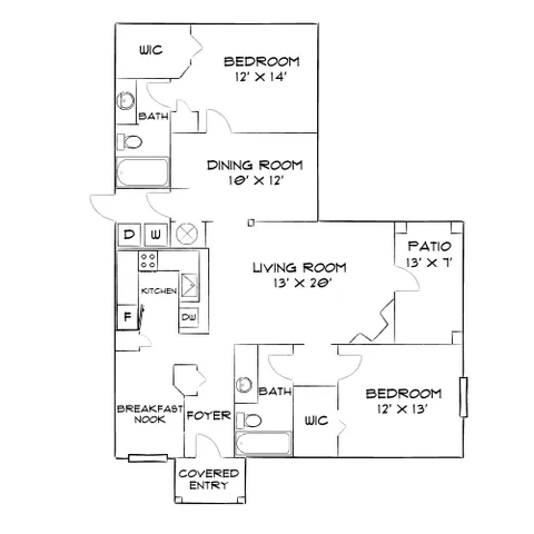 Spacious floor plan showcasing 2 bedrooms, a stylish living room, modern kitchen with breakfast nook, and a cozy patio.