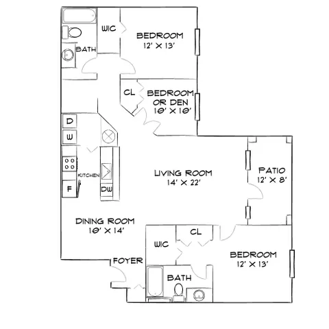 Elegant floor plan showcasing 3 bedrooms, versatile den, open living room, and cozy patio.