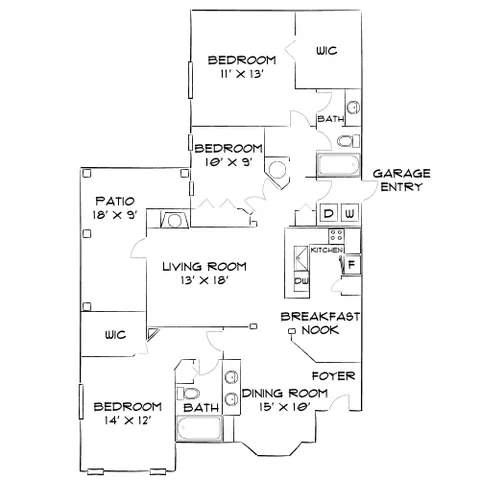 Contemporary floor plan featuring 3 bedrooms, a spacious living room, and a cozy breakfast nook adjacent to the kitchen. Includes two bathrooms, a dining room, and a sizable patio, ideal for modern living.