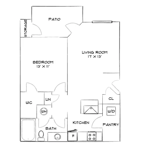 Charming 1-bedroom floor plan showcasing a spacious living room, modern kitchen, patio access, and convenient storage solutions.