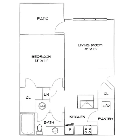 Contemporary floor plan showcasing 1 bedroom, a spacious living room, and a quaint kitchen with pantry, featuring a cozy patio.
