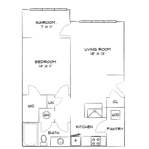 Inviting floor plan featuring a spacious bedroom, sunroom, large living room, modern kitchen with pantry, and well-appointed bathroom.
