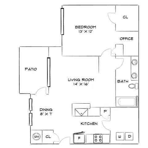 Contemporary floor plan featuring a spacious living room, cozy bedroom, office space, and a private patio for relaxation.