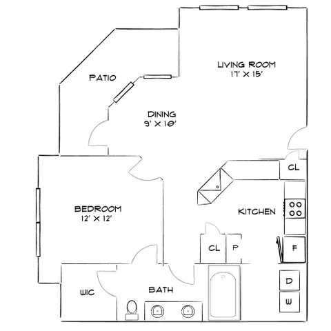 Modern floor plan with spacious living room, dining area, and kitchen; includes one bedroom, bathroom, walk-in closet, and inviting patio.