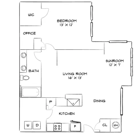 Charming floor plan showcasing 1 bedroom with walk-in closet, office space, open living room, modern kitchen, and a cozy sunroom.