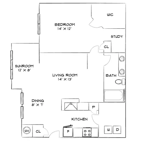 Charming floor plan with a spacious 1-bedroom, study, sunroom, and modern kitchen; includes a generous living and dining area.