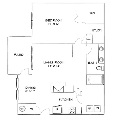 Charming floor plan featuring a 14x12 bedroom, study, and open living area with patio access. Includes kitchen, dining space, large living room, and convenient bath. Ideal for a cozy home setup.