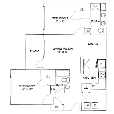 Modern floor plan showcasing 2 bedrooms, open living area, and a patio, perfect for seamless living and entertaining.