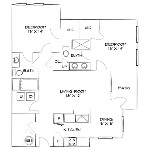 Spacious apartment floor plan featuring 2 bedrooms, 2 bathrooms, a generous living room, cozy dining area, and inviting patio.