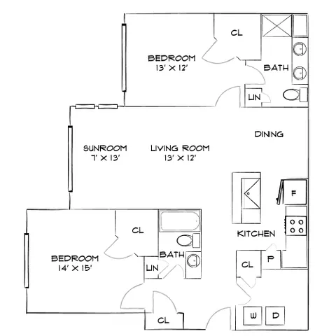 Charming floor plan with two spacious bedrooms, sunroom, open living and dining area, modern kitchen, and convenient washer/dryer setup.
