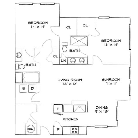 Charming 2D floor plan displaying 2 spacious bedrooms, an elegant living room, and a cozy sunroom. Includes a modern kitchen with dining area, and two bathrooms for comfort and convenience.