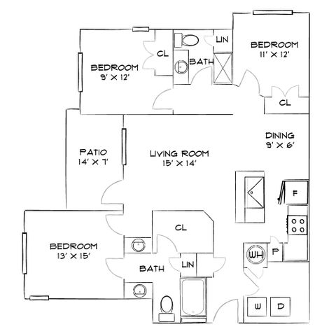 Modern floor plan showcasing 3 spacious bedrooms, a cozy living room, a functional kitchen, and a private patio.