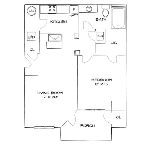 Inviting floor plan showcasing a 1-bedroom apartment with a spacious living room, modern kitchen, and cozy porch.