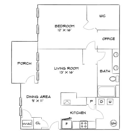 Charming 1-bedroom floor plan featuring a cozy office, spacious living room, and inviting porch for outdoor relaxation.