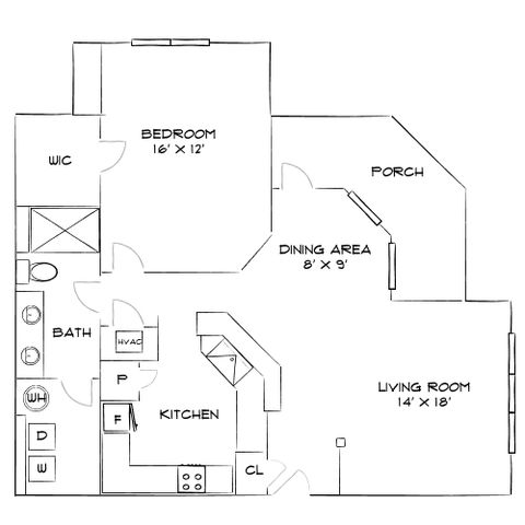 Charming floor plan featuring a spacious bedroom, inviting living room, functional kitchen, dining area, and private porch.