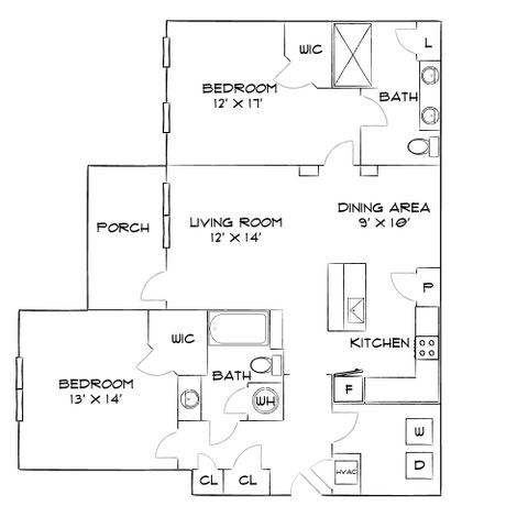 Modern floor plan featuring 2 spacious bedrooms, an inviting living room, open kitchen with adjacent dining area, two baths, and a cozy porch.