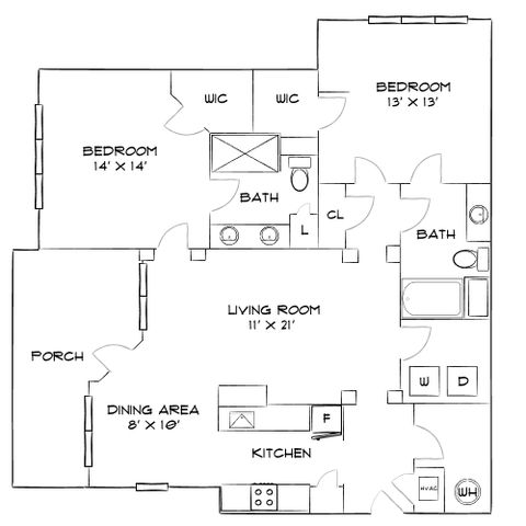 Charming floor plan showcasing 3 spacious bedrooms, a light-filled living room, modern kitchen, and cozy porch for relaxing.
