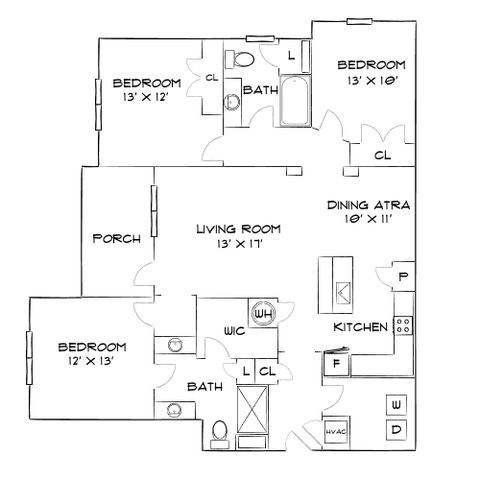 Inviting floor plan showcasing 3 bedrooms, a large living room, and a modern kitchen with dining area. Includes two bathrooms and a cozy porch.