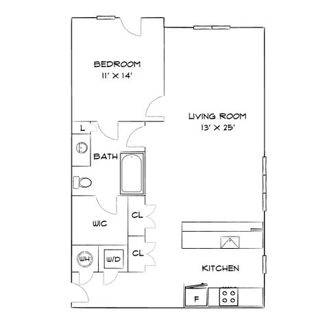 Chic floor plan featuring 1 spacious bedroom, a large living room, and a modern kitchen with state-of-the-art appliances.