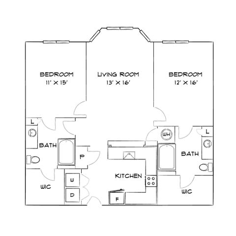 Elegant floor plan depicting two spacious bedrooms, a central living room, gourmet kitchen, and convenient walk-in closets.