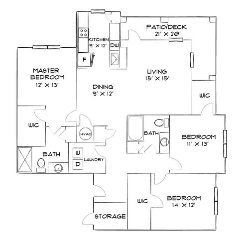 Inviting floor plan showcasing 3 bedrooms, a spacious living area, a modern kitchen, and a large patio deck for entertaining.