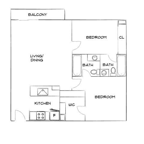 Thoughtfully designed floor plan featuring 2 bedrooms, 2 bathrooms, open-concept living and dining area, modern kitchen, and a private balcony.