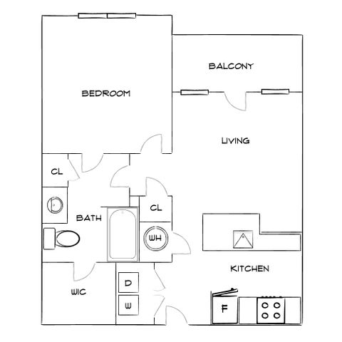 Chic floor plan displaying a 1-bedroom apartment with an open living area, modern kitchen, balcony, and spacious bath, perfect for urban living.