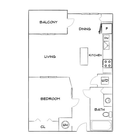 Modern floor plan featuring a spacious living area, dining room, kitchen with appliances, bedroom with closet, bath, and balcony.