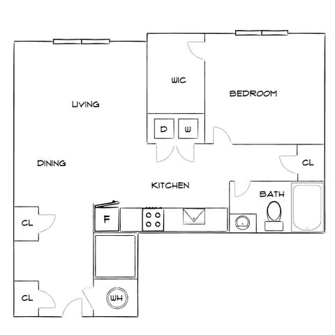 Modern floor plan showcasing 1 bedroom, a spacious open-concept living and dining area, and a functional kitchen with ample storage.