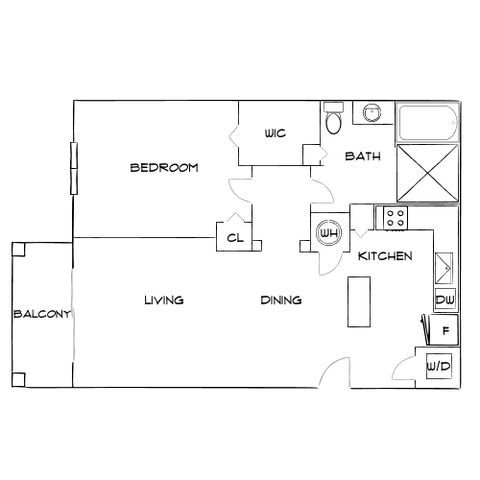 Modern 1-bedroom apartment floor plan featuring a spacious living and dining area, open kitchen, and private balcony.