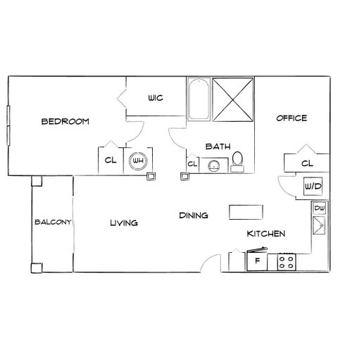 Modern apartment floor plan showcasing a spacious bedroom, office space, and open-concept living, dining, and kitchen area with balcony access.