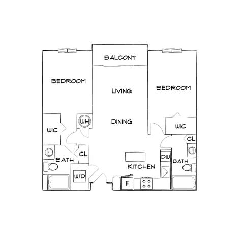 Charming floor plan showcasing 2 spacious bedrooms, airy living and dining area, modern kitchen, and inviting balcony.