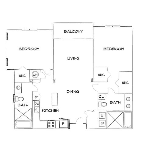 Elegant 2-bedroom floor plan with spacious living and dining area, modern kitchen, and large balcony, perfect for comfortable living.