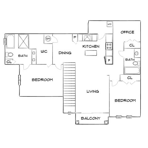 Elegant 2D floor plan showcasing 3 bedrooms, modern kitchen, spacious living area, balcony, and dedicated office space.