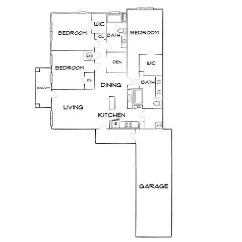 Charming floor plan featuring 3 bedrooms, a den, and an open kitchen-living area with attached garage.