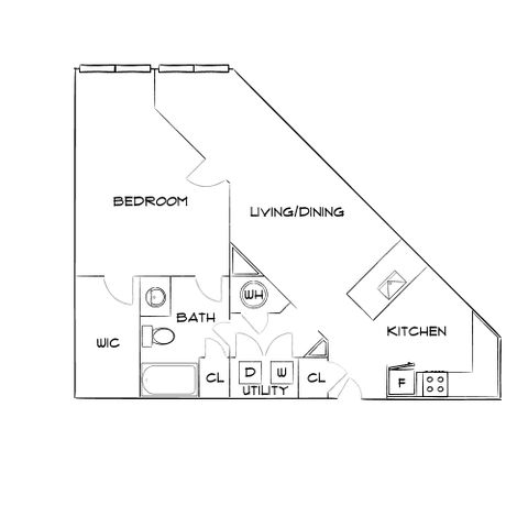 Contemporary floor plan showcasing a spacious one-bedroom apartment with an open-concept living/dining area, stylish kitchen, and modern utility spaces.