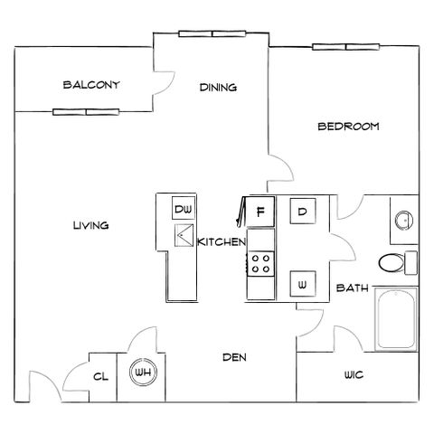 Sophisticated floor plan showcasing a spacious bedroom, den, living area, kitchen with modern appliances, and a relaxing balcony.