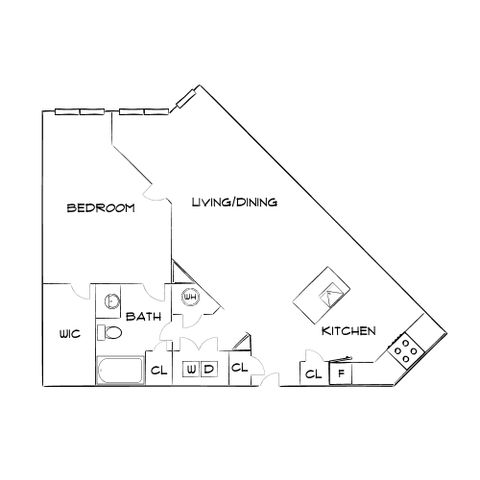 Chic floor plan showcasing a spacious 1-bedroom layout with a combined living and dining area, modern kitchen, and well-appointed bath.