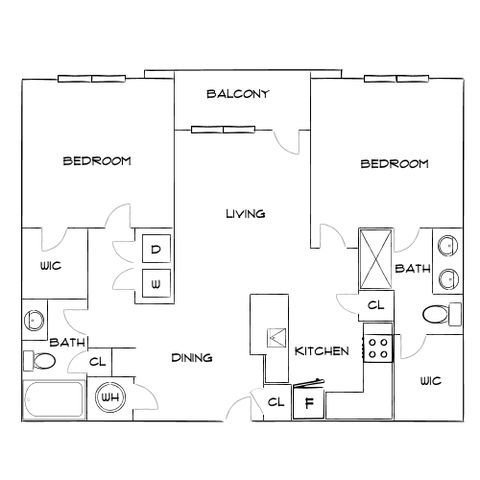 Modern 2D floor plan showcasing two bedrooms, a central living area, and a balcony. Includes two bathrooms, an inviting kitchen, and dining space.