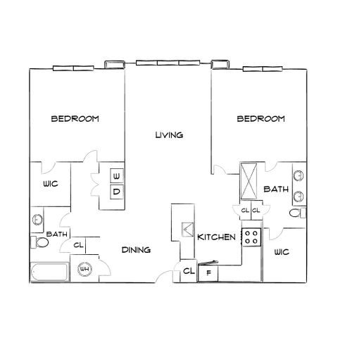 Modern 2D floor plan showcasing 2 bedrooms, spacious living area, and an open kitchen with dining space.