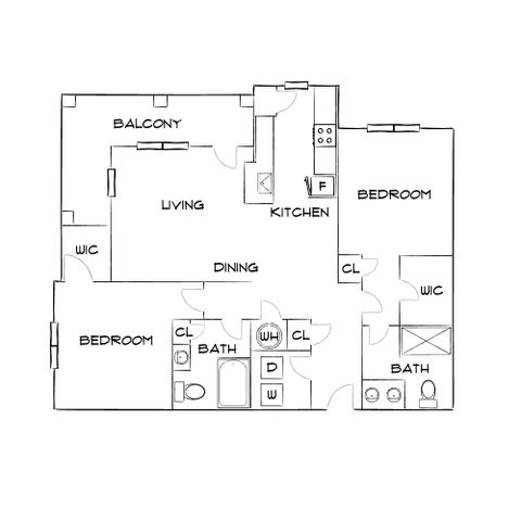 Inviting floor plan showcasing 2 bedrooms, 2 baths, an open-concept living and dining area, modern kitchen, and a spacious balcony.