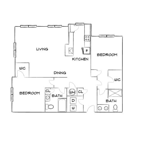 Elegant floor plan showcasing two bedrooms with walk-in closets, spacious living and dining areas, modern kitchen, and two bathrooms.