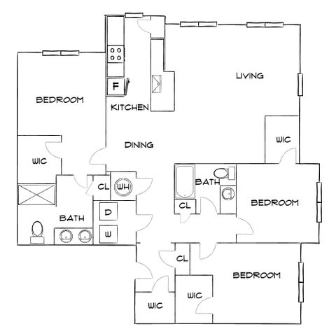 Inviting floor plan showcasing 3 bedrooms, an open living area, dining space, and modern kitchen with ample storage.