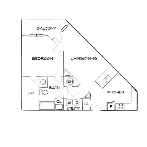 Modern floor plan featuring a spacious bedroom with a balcony, open living and dining area, well-equipped kitchen, full bath, and utility space.