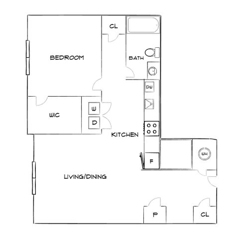 Modern floor plan highlighting 1 bedroom, open kitchen, and integrated living/dining space with convenient storage options.