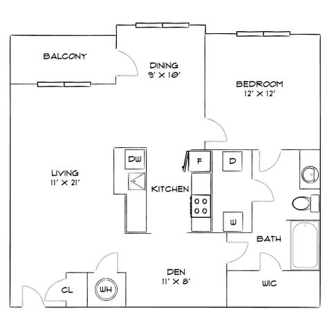 Modern floor plan featuring a spacious living room, one bedroom, a versatile den, and a stylish kitchen with balcony access.