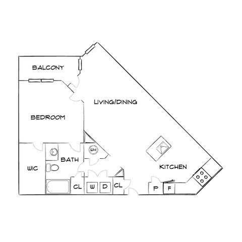 Modern floor plan featuring a spacious living and dining area, one bedroom with access to a balcony, well-equipped kitchen, and ample storage including walk-in closet.