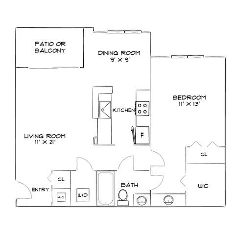 Modern floor plan featuring one spacious bedroom, an open living and dining area, well-equipped kitchen, and a patio or balcony.