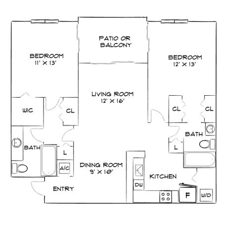 Inviting 2D floor plan showcasing a spacious 2-bedroom apartment with open living room, dining area, and modern kitchen. Features include two bathrooms, walk-in closet, and access to patio or balcony.